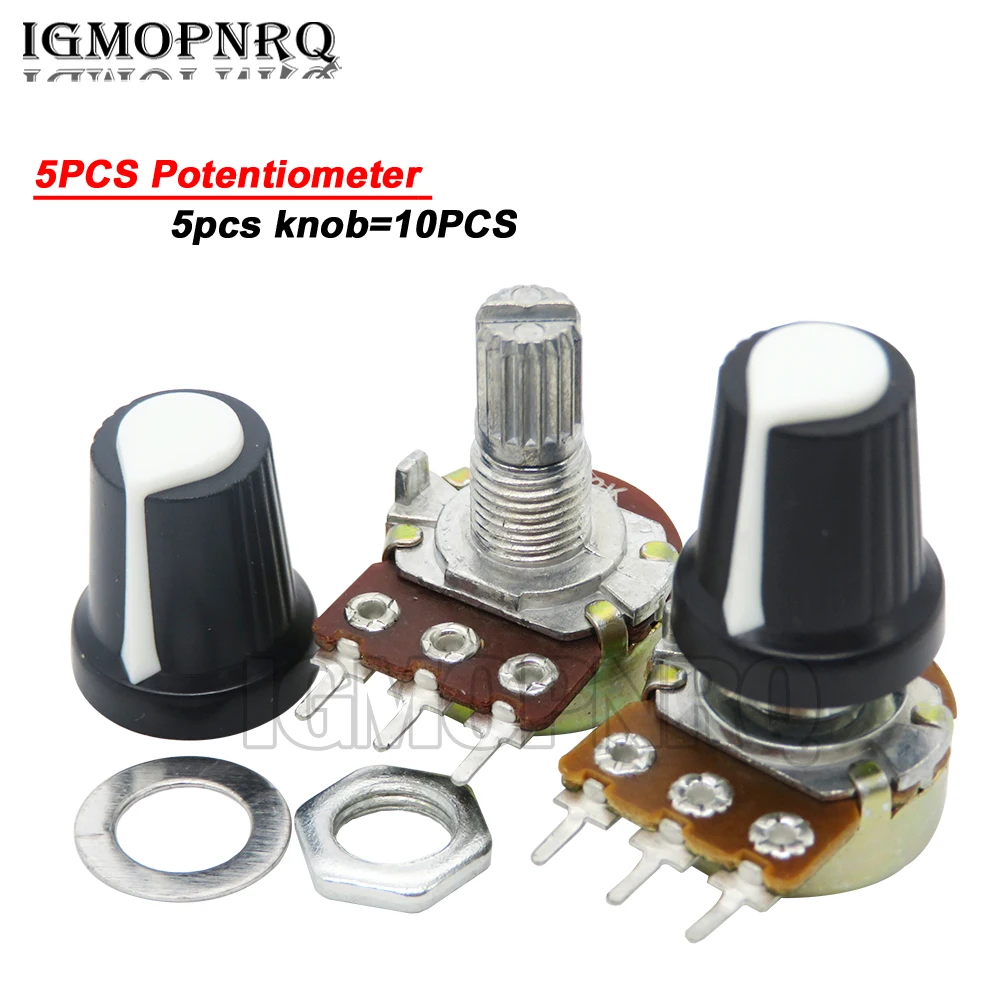 5 Sets WH148 15mm 3 Pin 1K 10K 20K 50K 100K 500K Ohm Linear Taper Rotary Potentiometer Resistor For Arduino With AG2 White Cap
