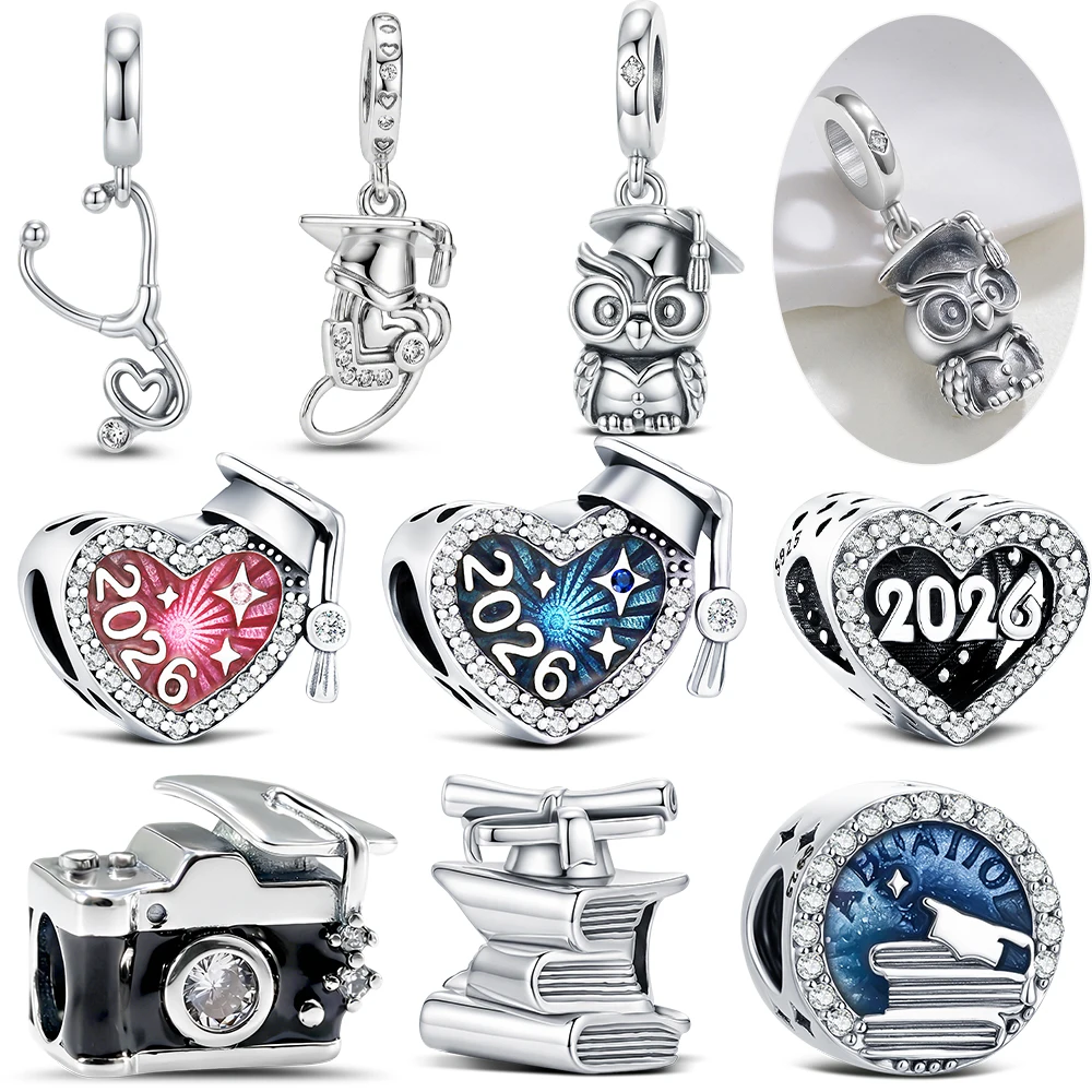 925 Sterling Silver 2026 Graduation Charm Grad Cap Owl Pendant Fit Bracelet Diy For Women Elegant Fashion Jewelry Graduation Gif