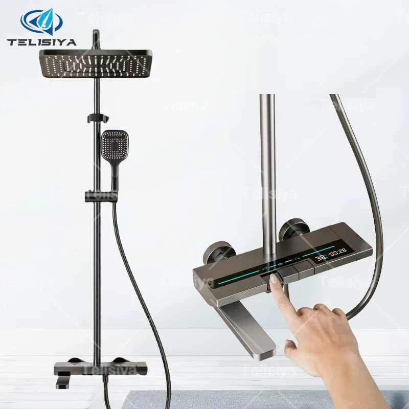 Conjunto de chuveiro de água quente e fria multifuncional, banheiro doméstico, teclas de piano, display digital, sistema de chuveiro pressurizado