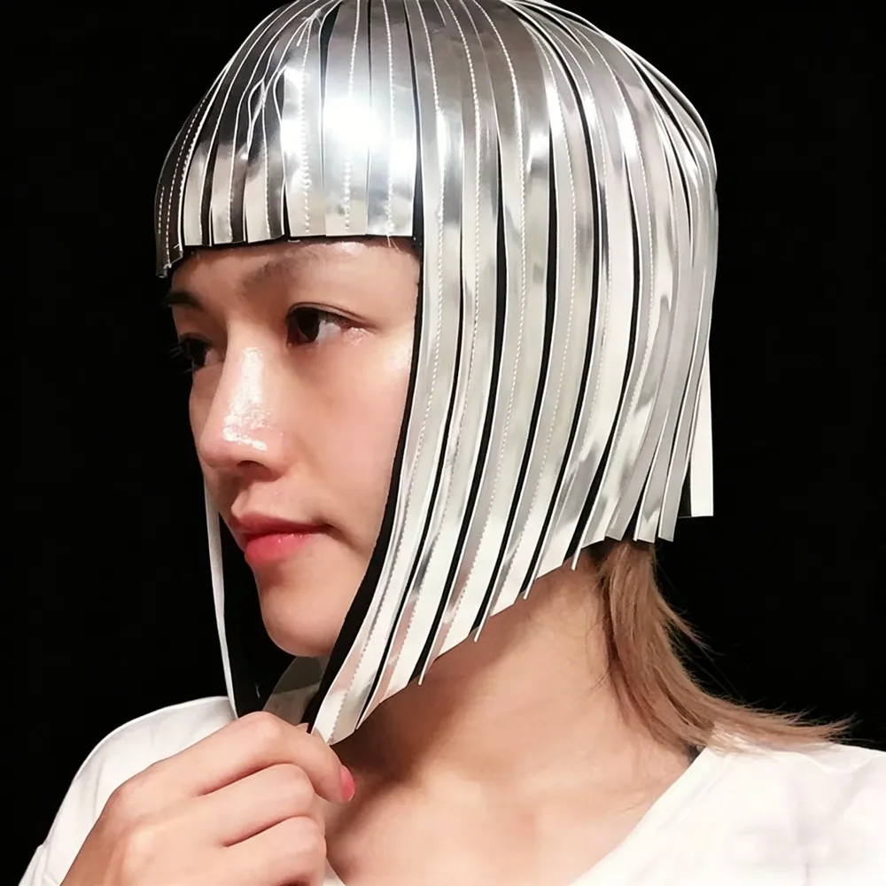 

Silver Gold Mirror Wig Women Singer Performance Wig Headgear Ornament Future Space Female Soldier Cool Reflective Wig Show Wear