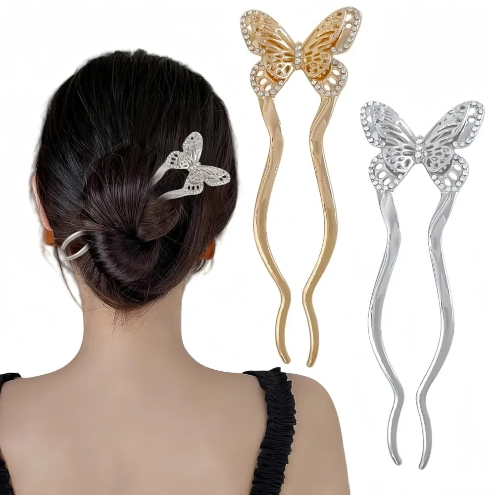 

2 шт. U-образные французские металлические заколки для волос для женщин, винтажные заколки-бабочки, серебро, золото, большие 2 зубца, длинные вилки для волос для