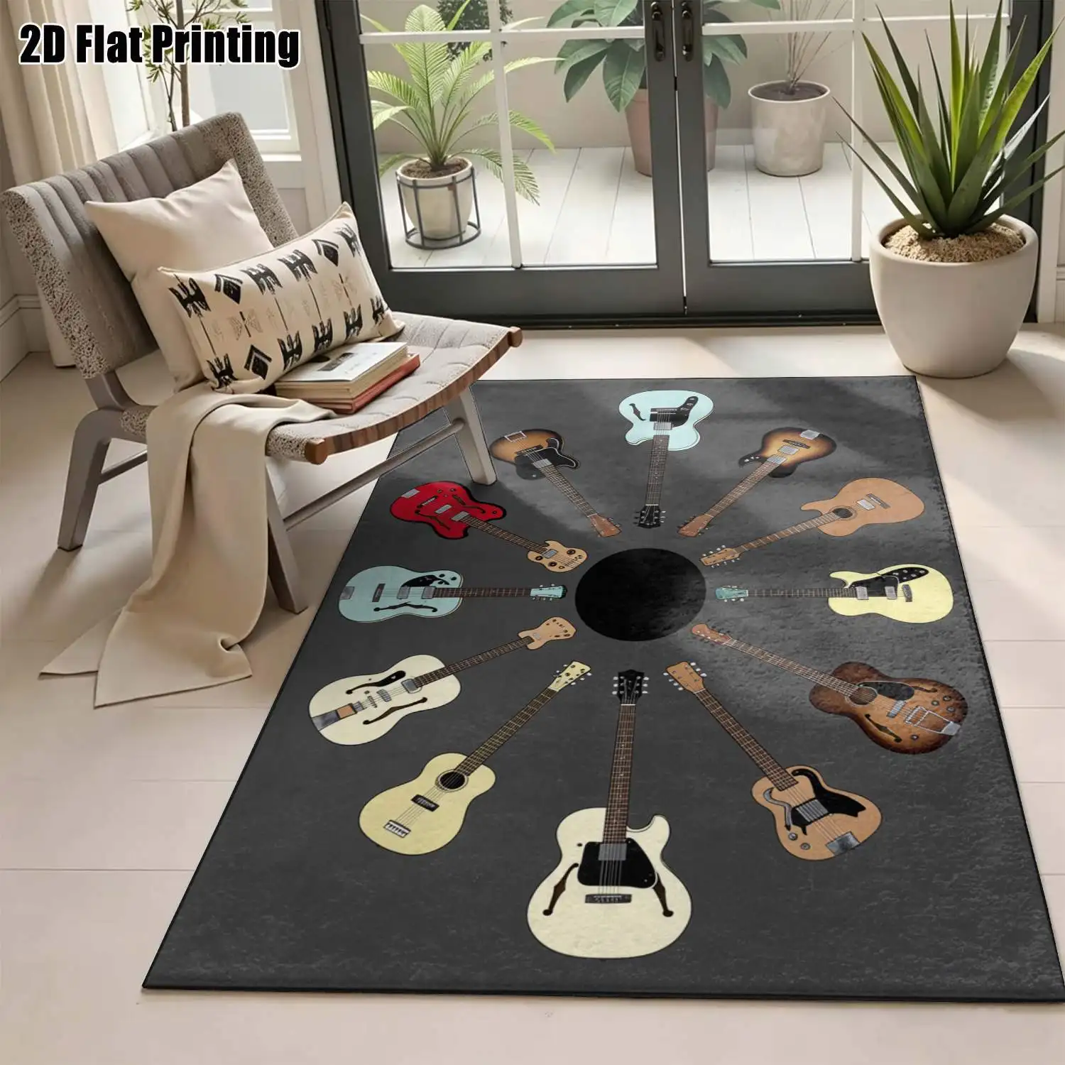 1Pc 2D Printed Colorful Guitar Pattern Carpet, Nordic/Instagram Style, Modern Minimalist Retro Home Decor Floor Mat, Multi-Size, Machine Washable, for Entrance, Dining, Foyer, Living Room, Bedroom