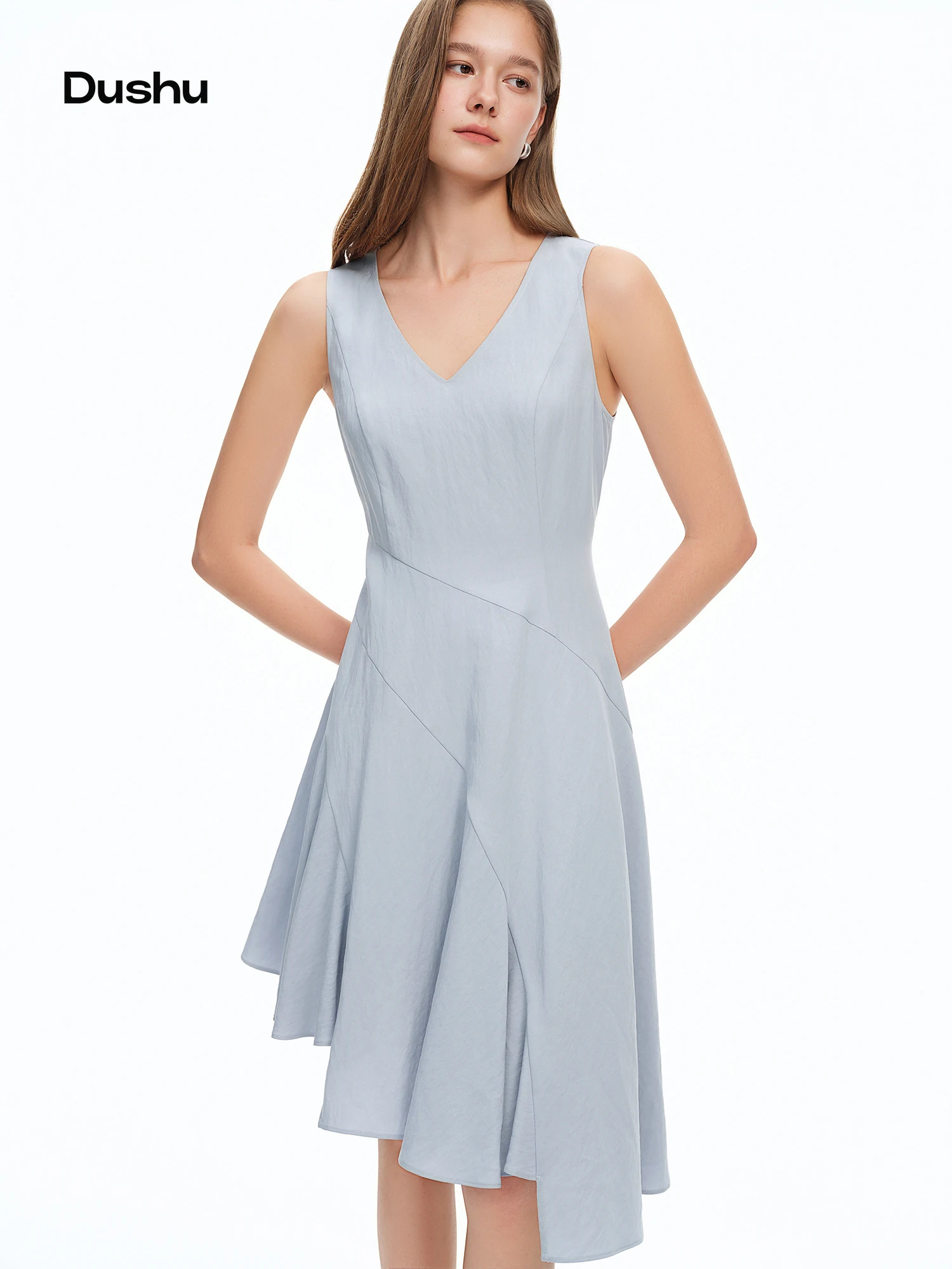 

DUSHU Women's Asymmetrical Wave Hem Backless Crop Top Dress Bias Cut Waist-tightening Summer 2026 New Arrival Lyocell Dresses