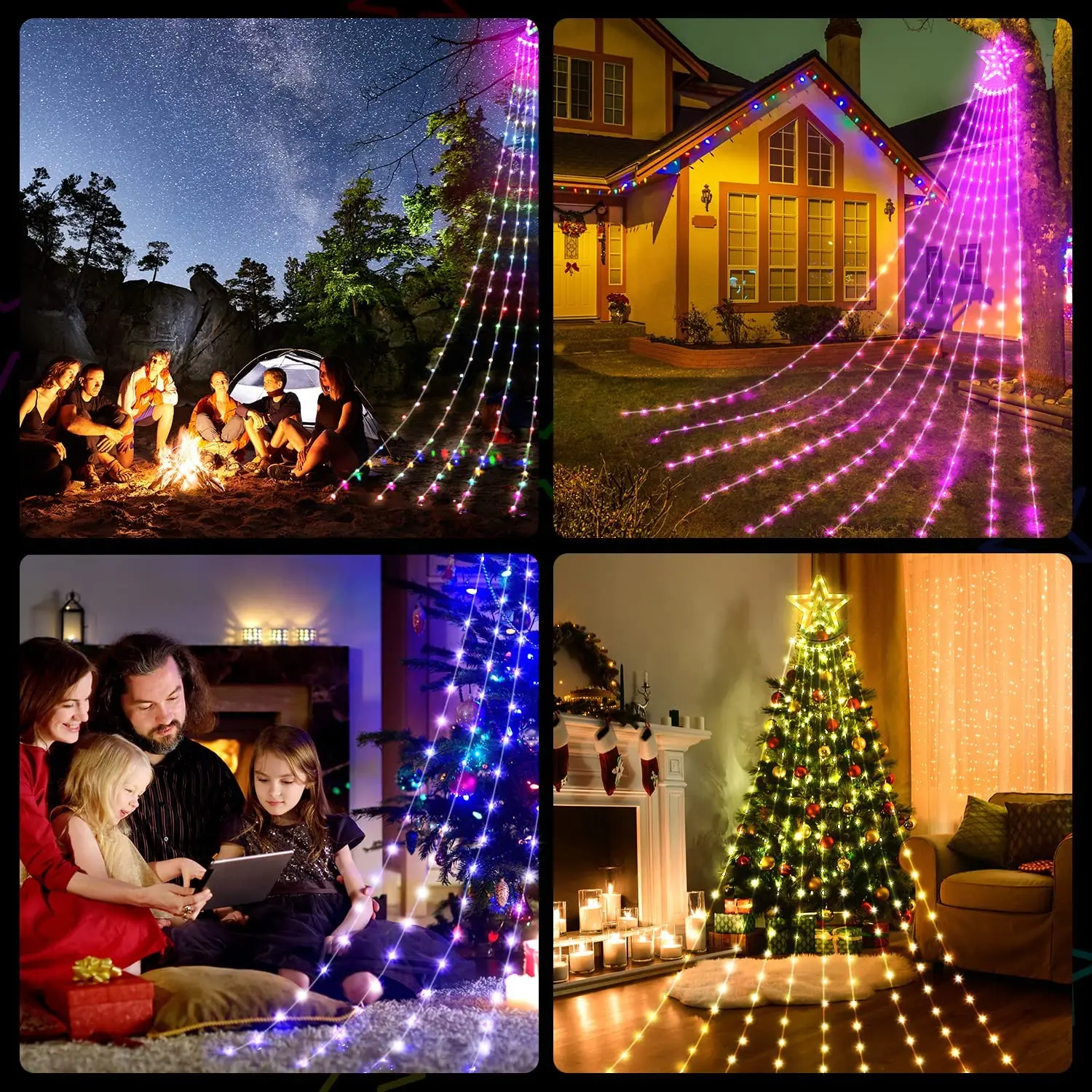 Christmas Decorations, RGB Waterfall LED String Lights with Star, APP Remote Control, Music Sync New Year Decor Fairy Lights