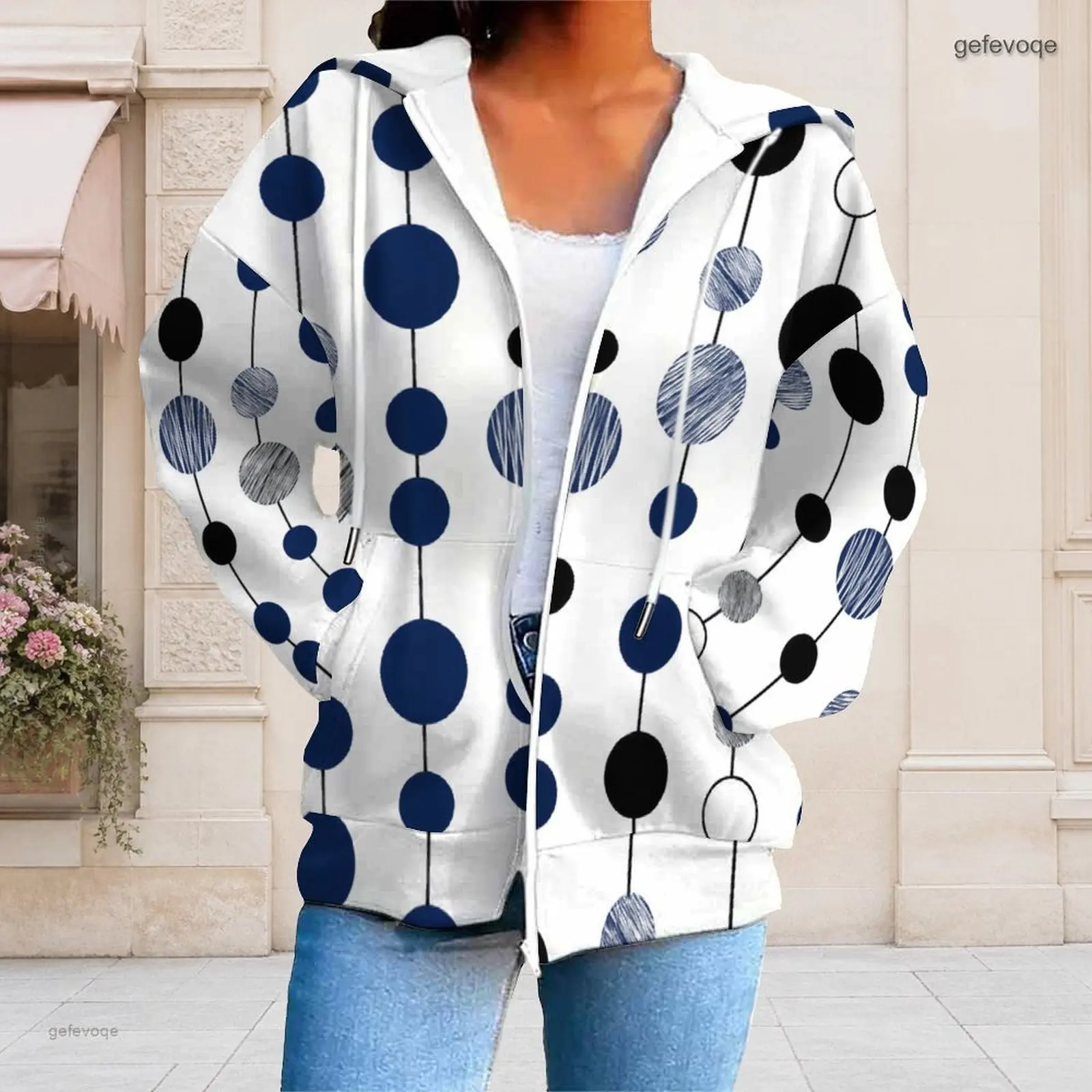 Women White Base Printed Polka Dot Line Zip Up Long Sleeve Hoodie with Pockets