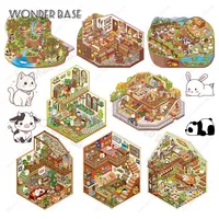 Cute Cartoon Animal Miniature Scene DIY Landscape Sticker Pocket Cabin Scene Pasting and Stacking Gift for Kid Child Student
