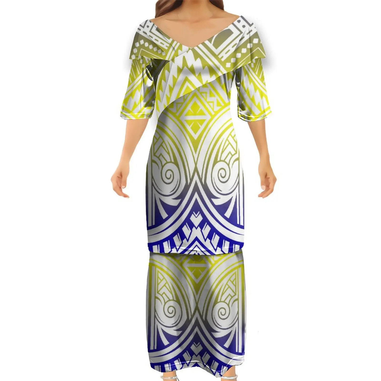 Polynesian Tribe Sublimation Print V-neck Puletasi Dress 2 pcs Customized On Demand Puletasi 2/3 Sleeve Dress