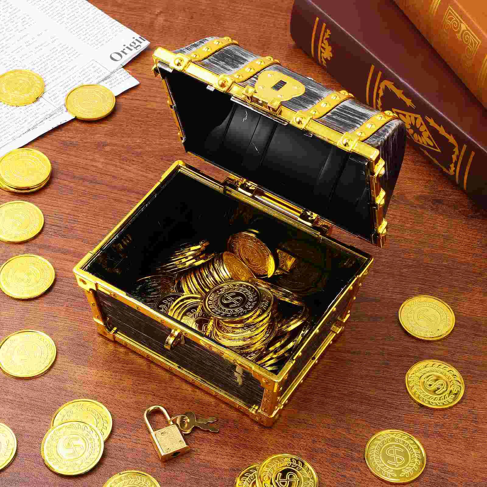 Electroplated Gold Edge Treasure Chest Bag Lock Decorative Box Pirate Accessories Funny Game Prop Kids Plastic Small