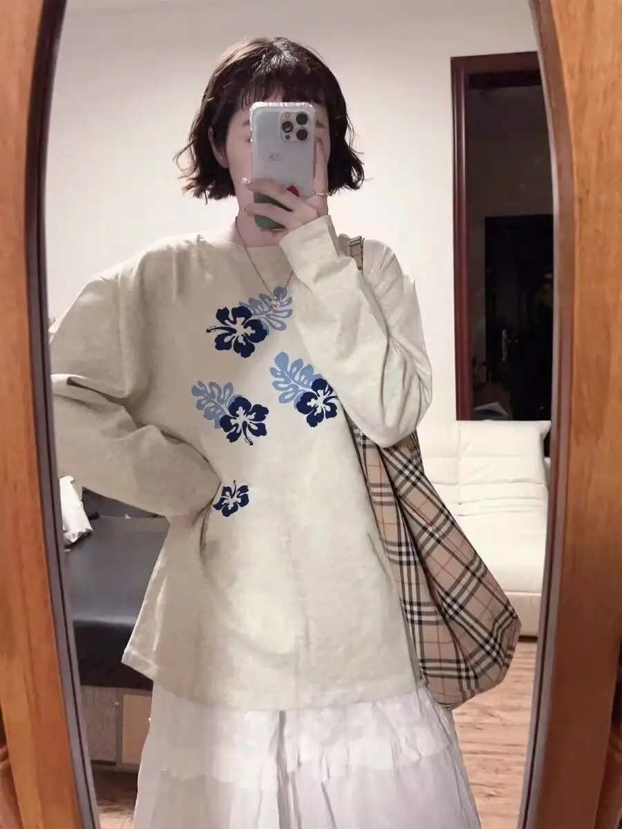 

Японская осенне-зимняя футболка с длинными рукавами для женщин, свободная рубашка с внутренним слоем американского дизайна