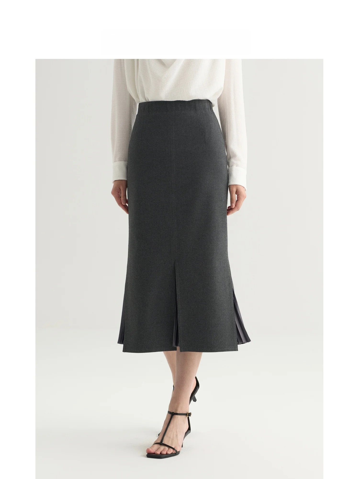 Ruiqia Ya Ji Grey Fish Tail Midi Skirt Women's High Waist Split Pleated Design Sensation Elegant Maturity Medium Length