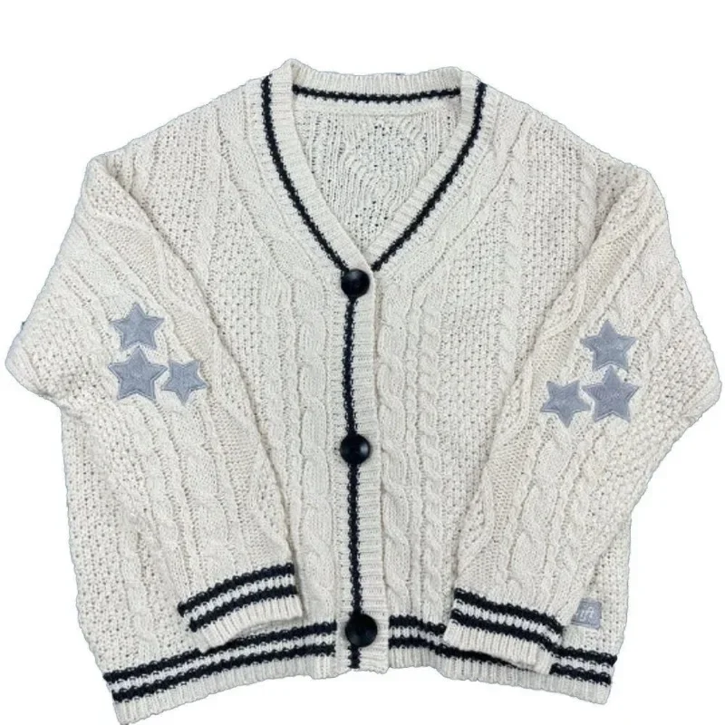 Deeptown Vintage Beige Swift Knit Cardigan Women Y2K College Oversize Star Embroidery Sweater Folklore Knitted Jumper Korean