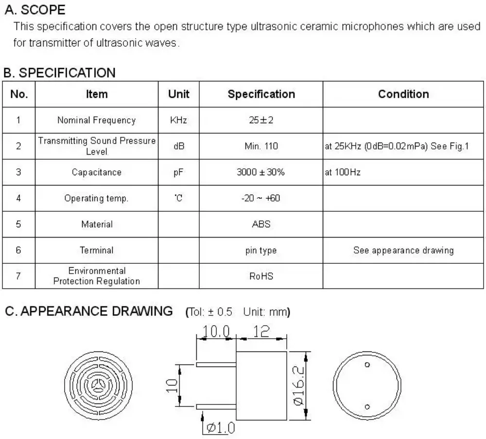 

Transmit Ultrasonic open sensor 16mm 25khz 40KHZ drive dog ranging Obstacle avoidance