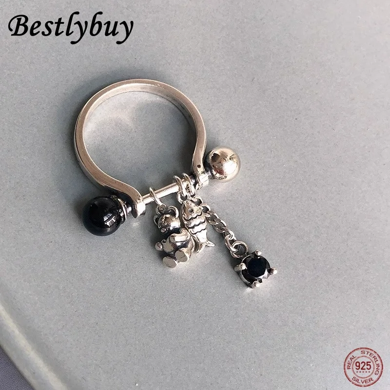 

Кольцо из чистого серебра S925 с милым плюшевым мишкой из Южной Кореи, женский ретро-дизайн, модный и высококачественный подарок на день рождения