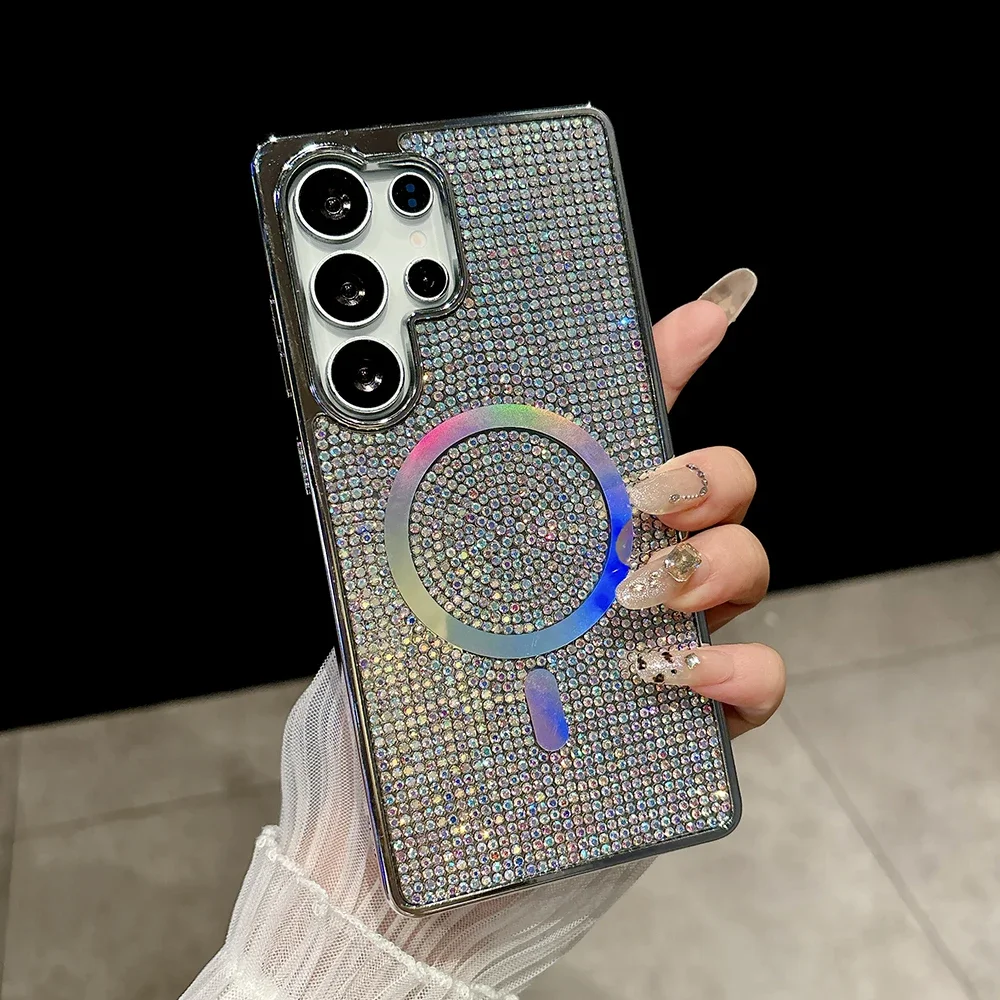 2025LuxursShiny بريق حجر الراين مطلي بولي TPU المغناطيسي جراب هاتف لسامسونج غالاكسي S24 S23 S25 الترا عودة مكافحة الإفلات الغلاف الصلب