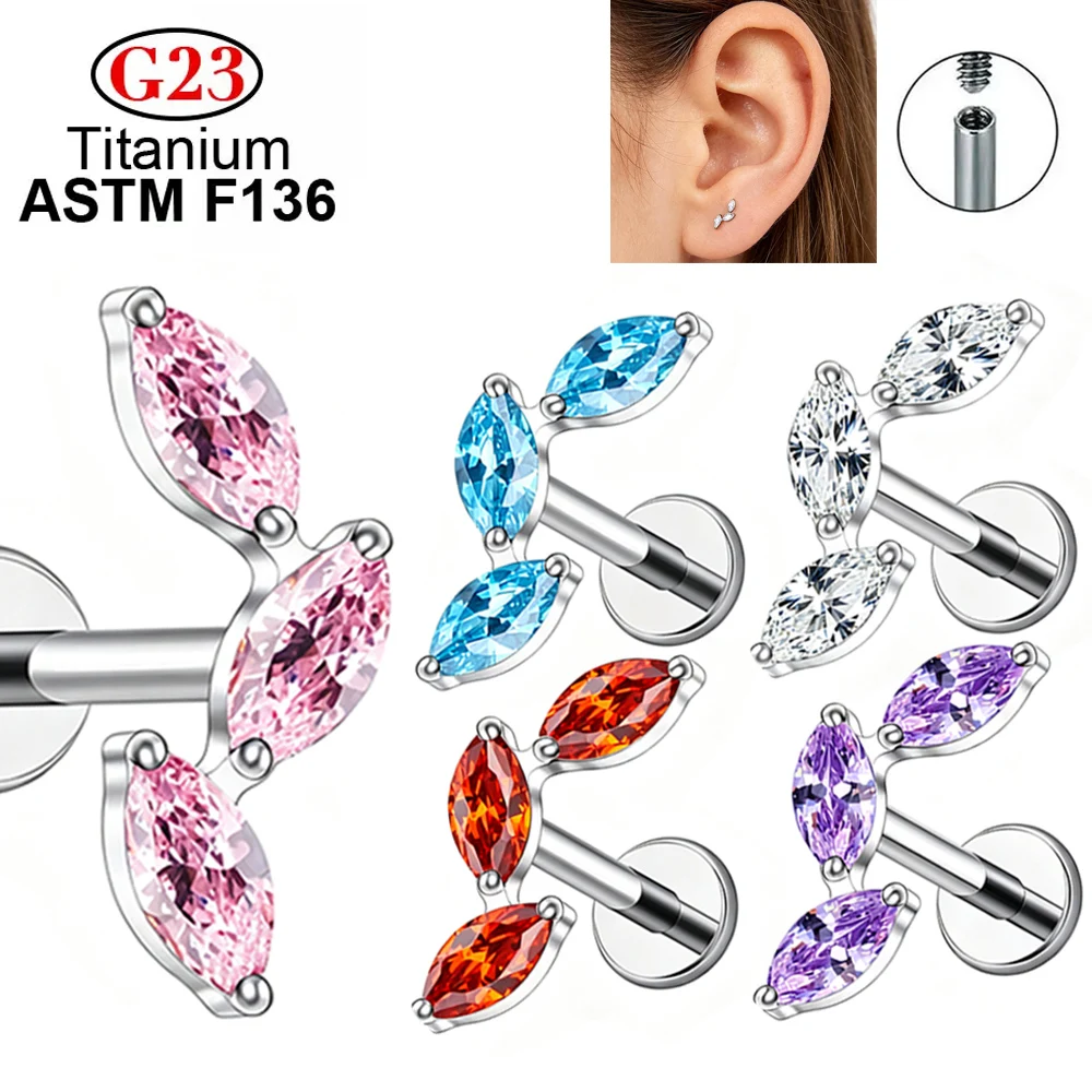 ASTM F136 Titanium Ear Stud 3 Marquise Leaf Shape Cartilage Tragus Earrings Ear Helix Studs Tongue Piercing Jewelry for Women