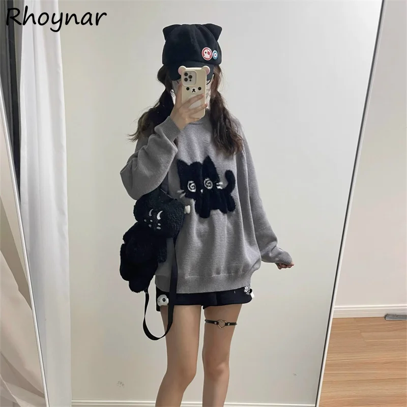 

Pullovers Women Cute Cartoon Loose Knitted Students Sweet Autumn Winter Fashion Tops Korean Oversized Sweater Cat Gray