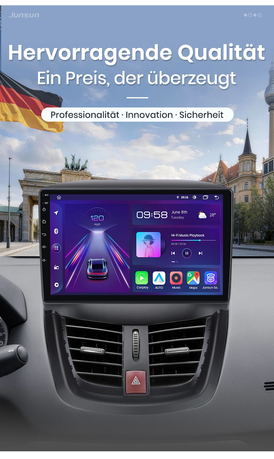 Junsun 9-Zoll Android 15 Autoradio für Peugeot 207 CC 207CC 2006 - 2015, kabellos für Apple CarPlay, Auto-IPS-Bildschirm, Stereo-Multimedia-Videoplayer, intelligente Fahrzeugsysteme, 2-DIN-Autoradio-Haupteinheit, GPS-Navigation, BT, 4G, WLAN, FM, AM, DSP, RDS, SWC, DAB+ – Detail 5