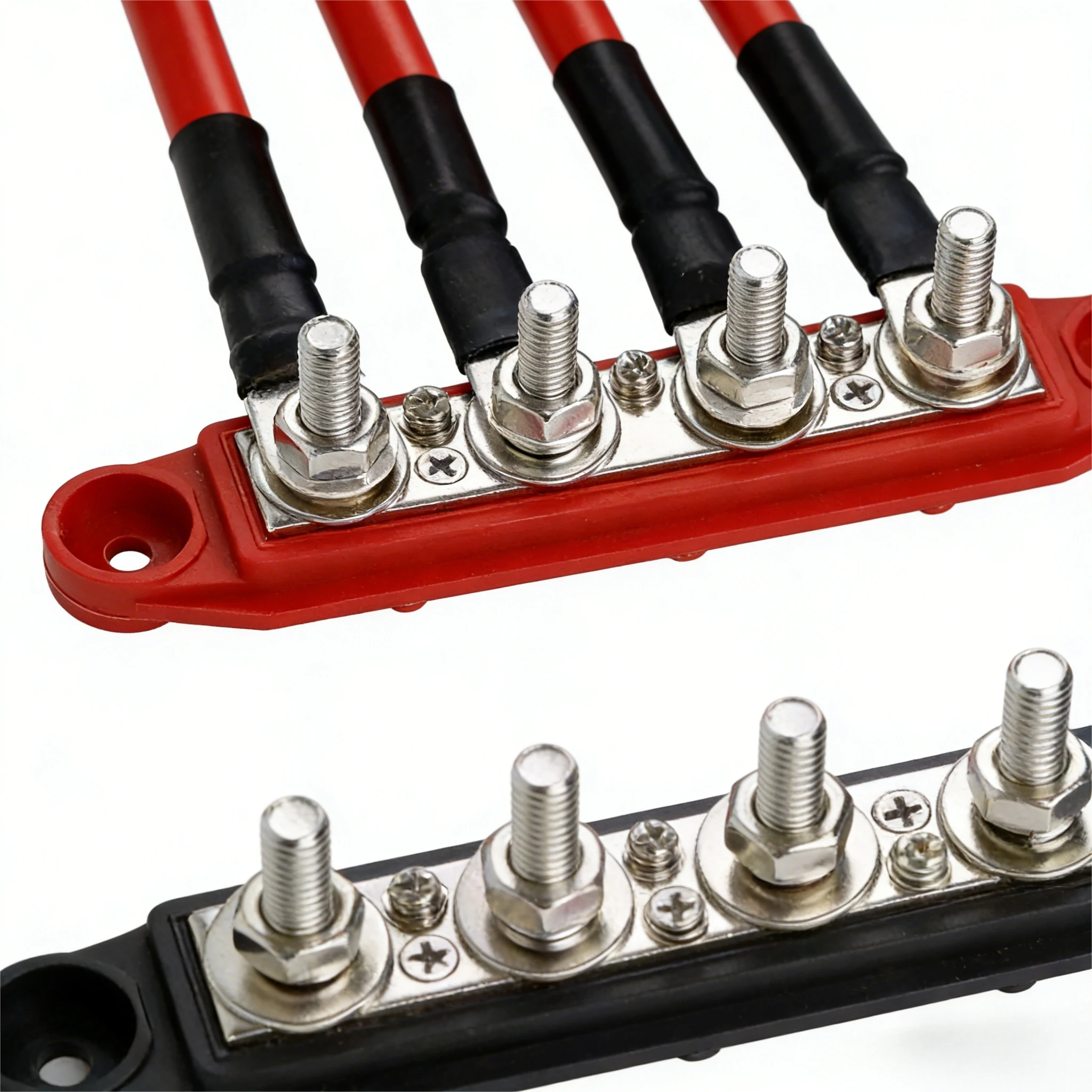 Image of Hochleistungs-Stromverteilerblock M8 M10, Rot-Schwarz-Paar, 4-polige Busbar-Klemmenleiste mit Abdeckung für Wohnmobile, Boote, Autos, Solarbatterien
