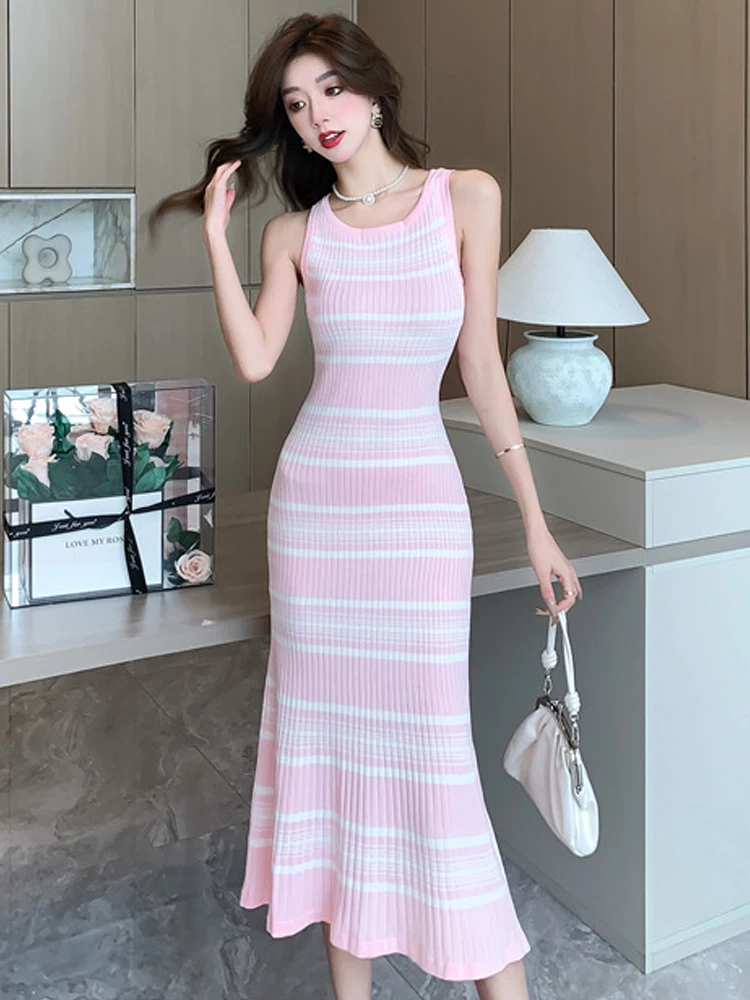 الحلو عطلة فستان طويل ملابس حريمي الوردي الأبيض لصق محبوك سترة قبالة الكتف مخطط نحيل ذيل السمكة رداء الشاطئ Vestidos