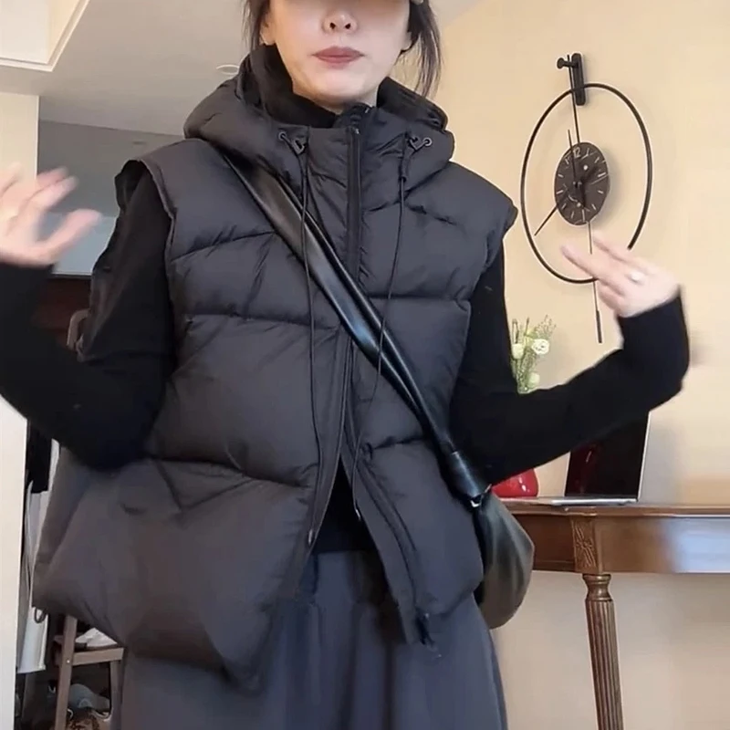 

Trendy Winter Cotton Hooded Jacket plus Size Women's Sleeveless Short Zipper round Neck Commute Style Loose Fit Outerwear