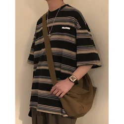 Japanese retro striped short-sleeved T-shirt men's summer bf loose lazy style summer student half-sleeved y2k top men clothing