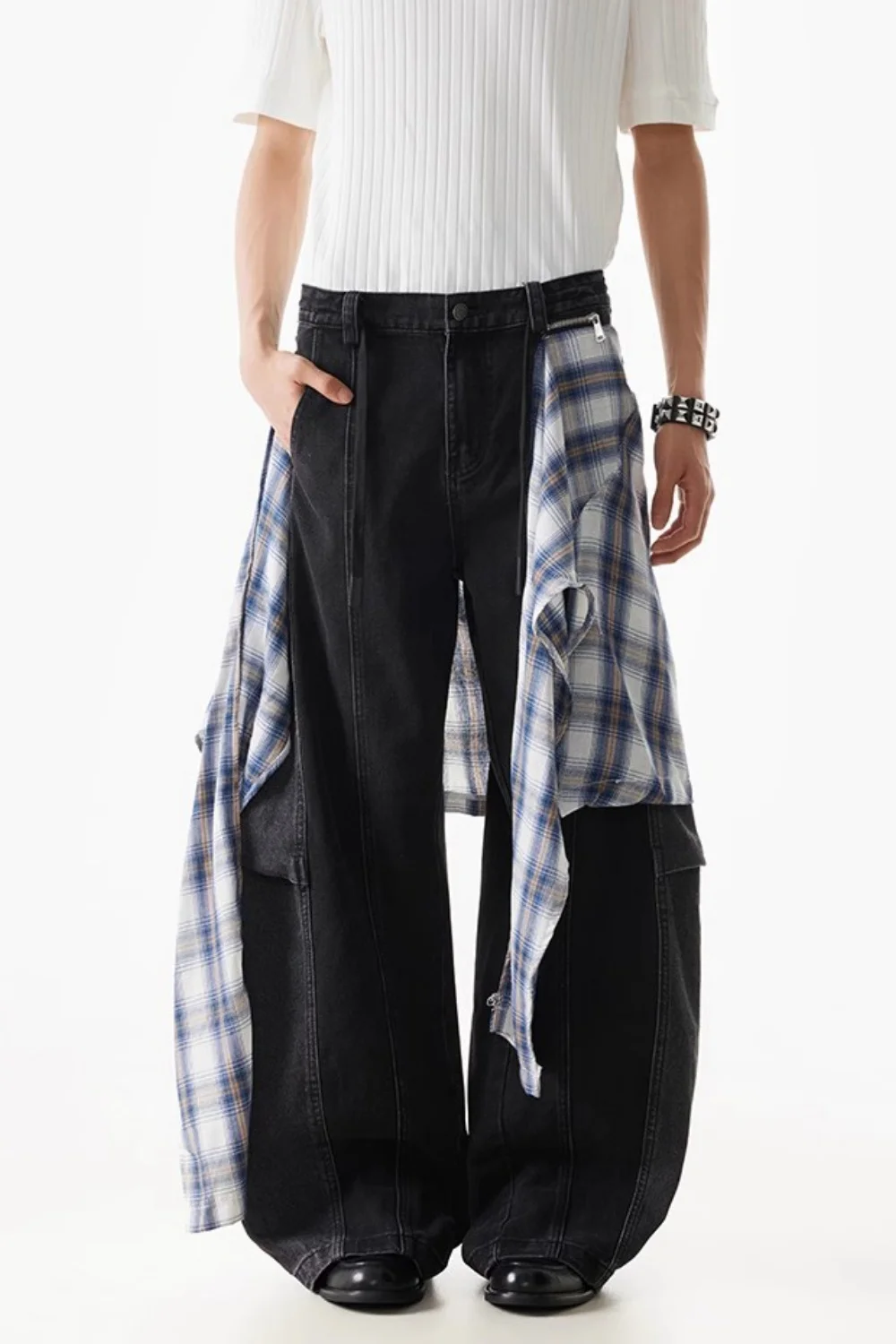 Falsche zweiteilige abnehmbare Patchwork-Bananenjeans für Herren, Hip Hop, Y2K, gespleißt, Baggy, weites Bein, gewaschen, Distressed ARC 3D-Denim-Hose – Detail 6