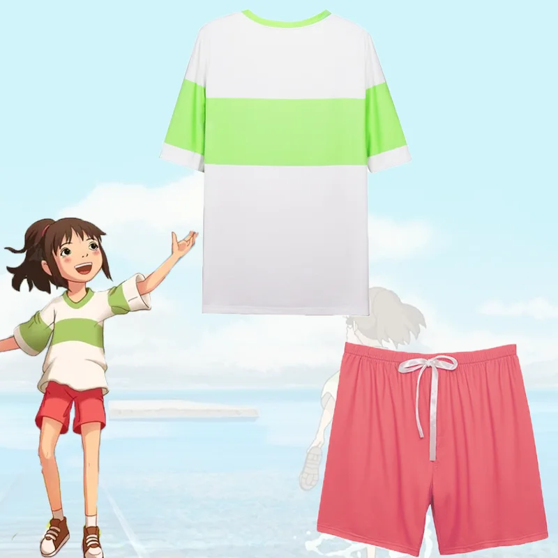 Movie Spirited Cosplay Away Chihiro Costume T-shirt Pants Daily Clothing Leisure Loose Uniform Full Set Halloween Party for Girl