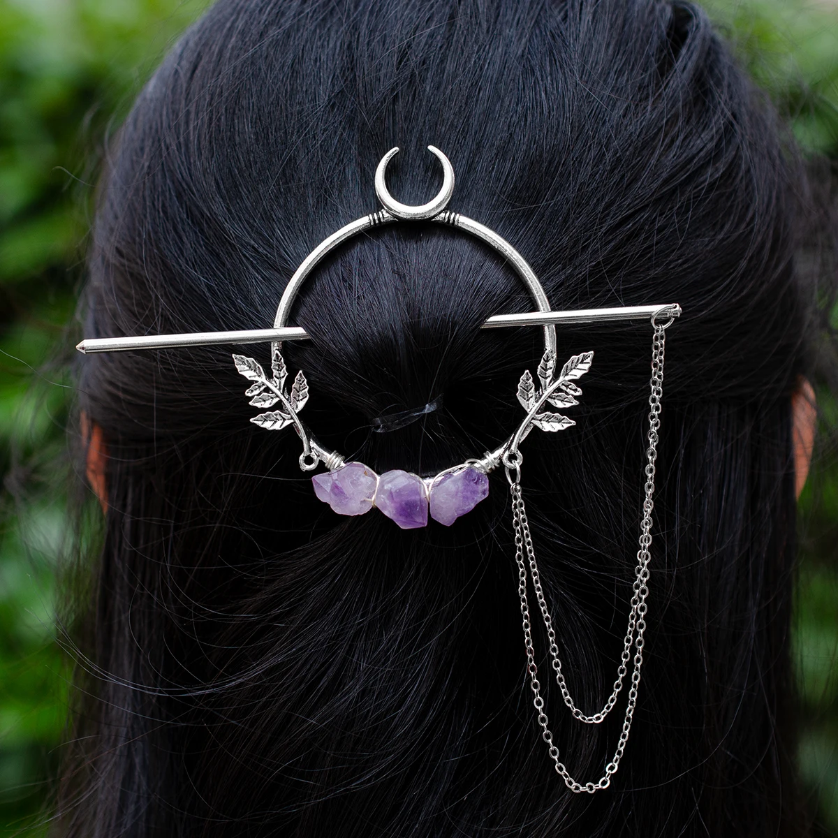 Witch Crescent Moon Leaves Crystal Amethyst Tassels Hairclip Pagan Hairpin Fairy Hairclip for women