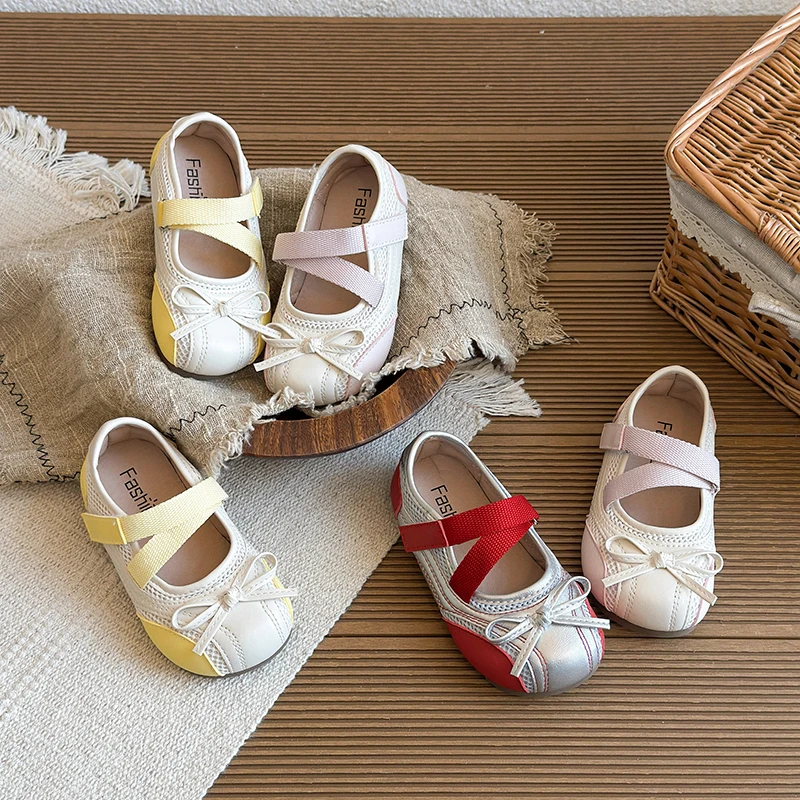 

Children's Little Leather Shoes for Girls Elegant Ballet Soft Sole Flexible Bow Anti Slip Toddler Fashion Princess Single Shoes