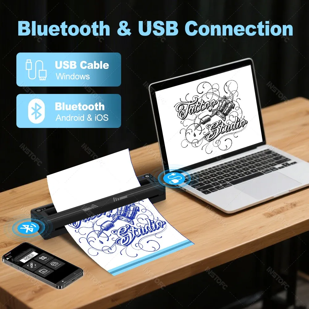 Mini Wireless Tattoo Stencil Printer Portable A4 Thermal Printer Kit for Tattoo Artists Compatible with Phone,iPad & PC