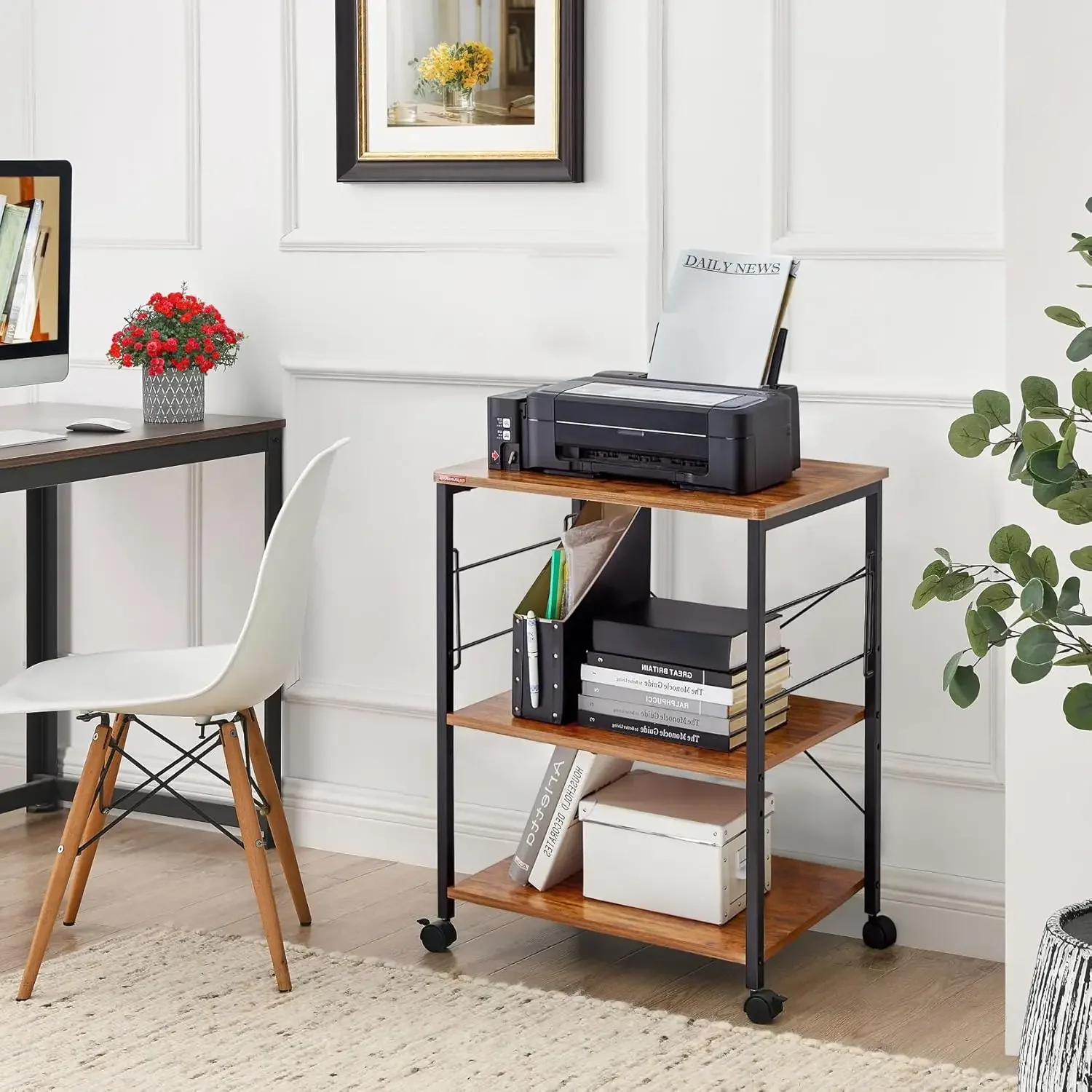 Microwave Cart 23.7'' for Small Space, 3-Tier Coffee Cart Rolling Kitchen Utility cart Microwave Stand on Wheels, Vintage