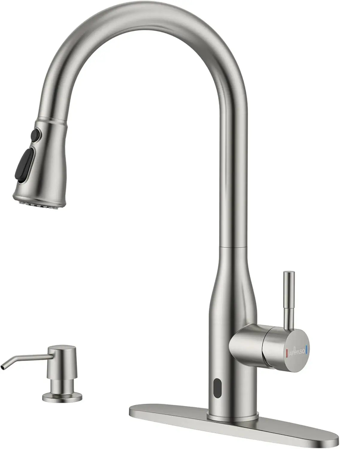 Hands-Free Kitchen Faucet Featuring Built-In Soap Dispenser and Pull-Down Spray Head