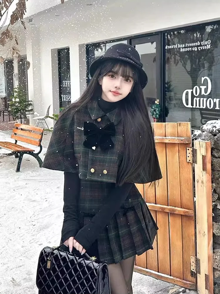 Setelan Rok dan Mantel Wol Korea Briti College untuk Wanita, Model Plaid Baru Musim Dingin, Rok Panjang dengan Kancing Bulat