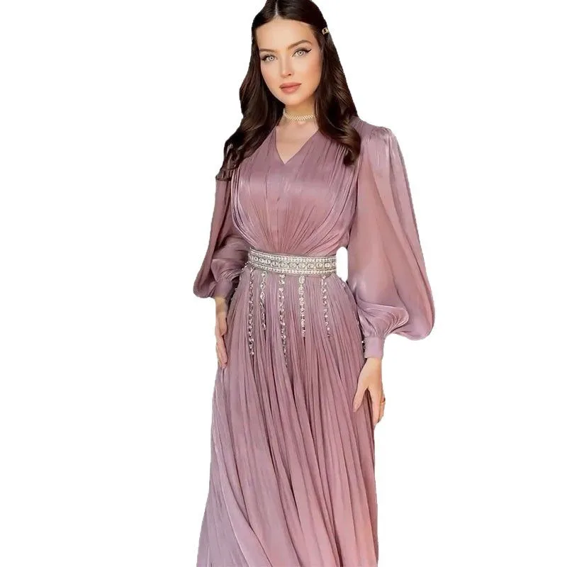 Vestido E de Manga Longa com Decote em V e Cintura Alta para Mulheres, Vestido Sexy e Faion com Saia em Camadas de C...