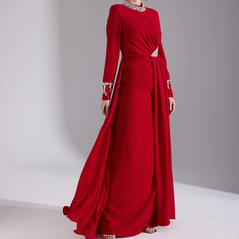 

Customized A-line Evening Dresses Floor-length High-neck Full Sleeve Prom Gown Fashion Crystal Simple Draped Pleat Party Gown