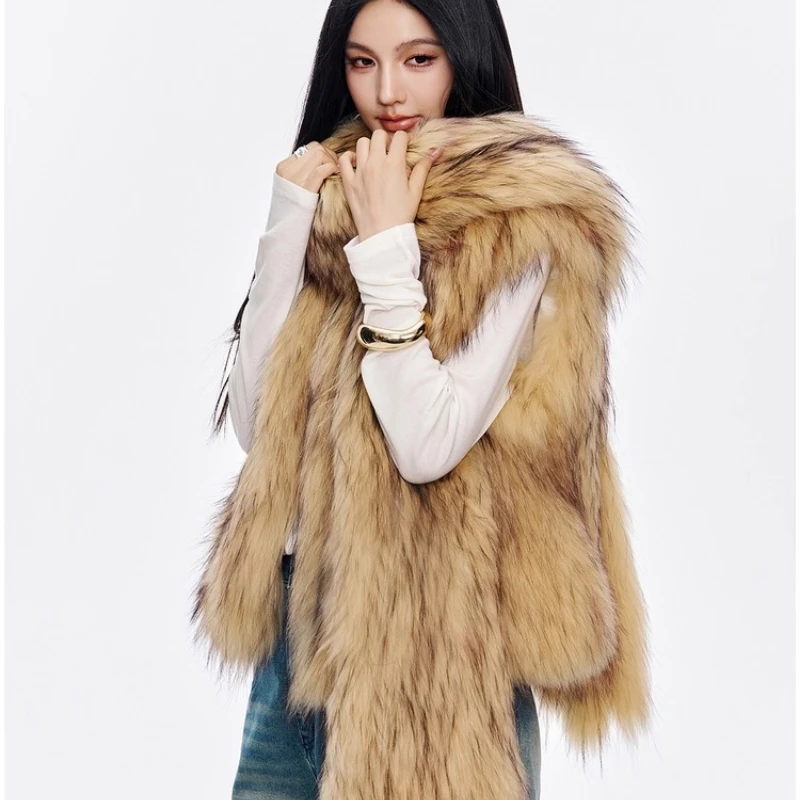 욜란페어리 리얼 라쿤 퍼 베스트 여성용 겨울 브레이디드 슬리브리스 스트레이트 튜브 스타일 숏 길이 퍼 코트 여성용 코트 2025