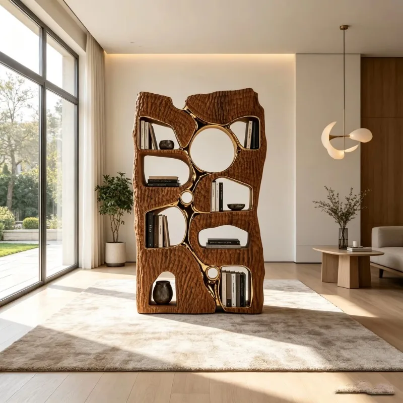 Art sculpture bookshelf electroplated glass fiber frame wood grain display stand suitable for villa hotel living room decoration