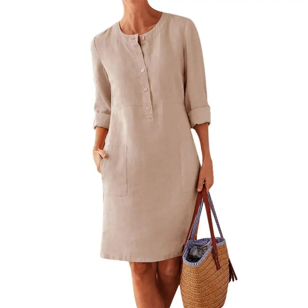 Vestido casual de linho algodão feminino, túnica manga comprida, bolso solto, monocromático, kaftan, verão