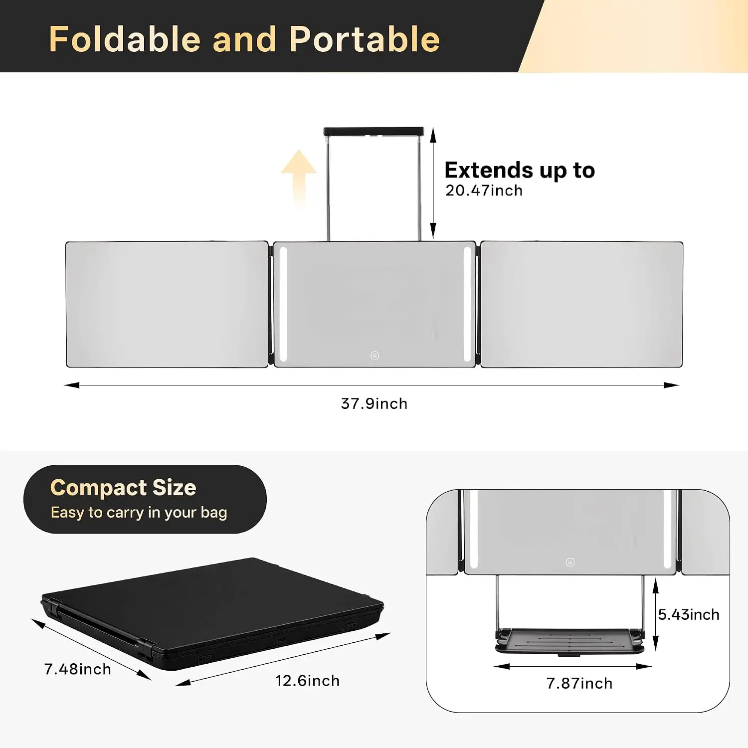 Folding 3 Way Mirror with Lights and Shelf 360 Self Cut Mirror for Self Haircut Rechargeable Dimmable LED Adjustable Hook for Wall Door Tabletop for Men Women Makeup Shaving Braiding for Haircut Makeu image 5