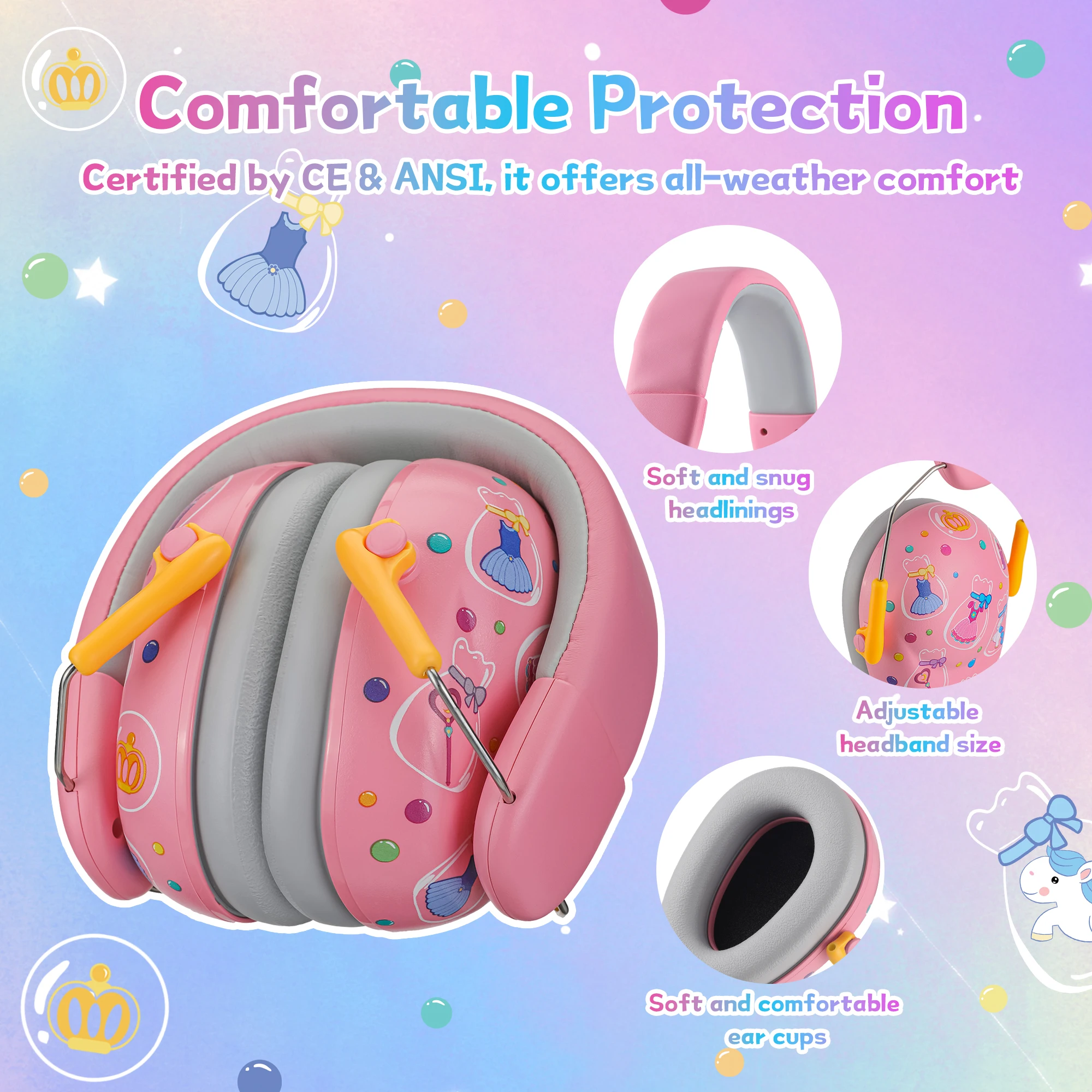 Adjustable Children Earmuffs with SNR 26dB Protection Cartoon Design Comfortable Fit for Daily Use Sleeping Travel and Sensory