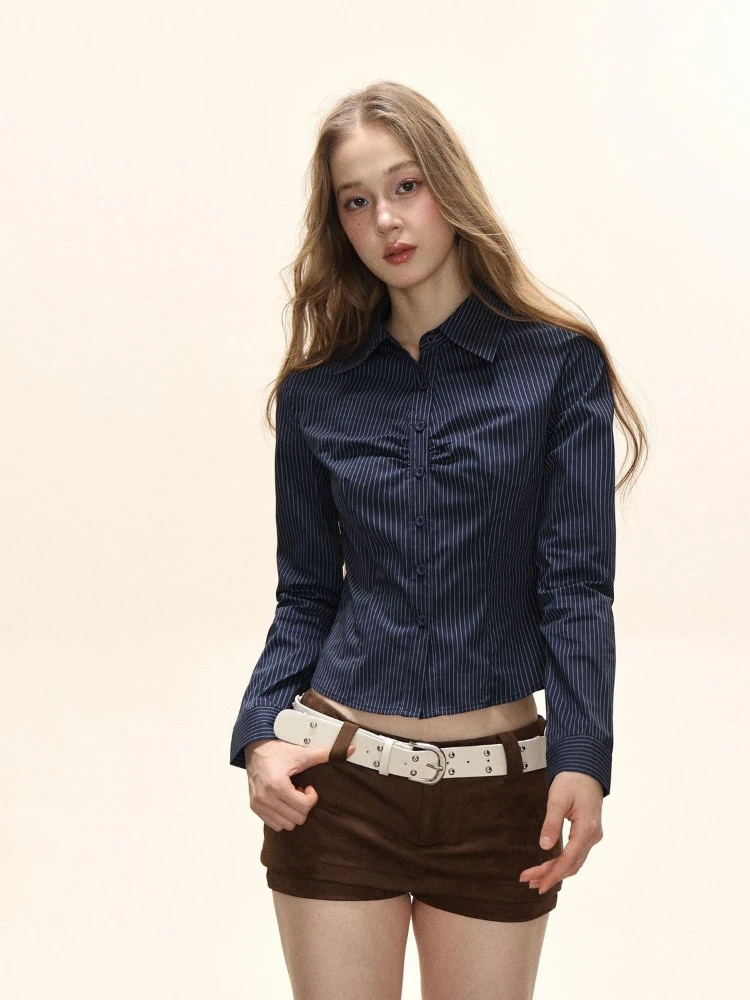 Deeptown Blue Striped Crop Shirts Women Vintage Elegant Long Sleeve American Style Blouses Slim  Aesthetic Old Money Office Lady
