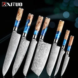 XITUO Kitchen Knives-Set Damascus Steel Chef Knife Cleaver Paring Utility Bread Knife Cooking Tool Blue Resin Handle 1-6Pcs/Set