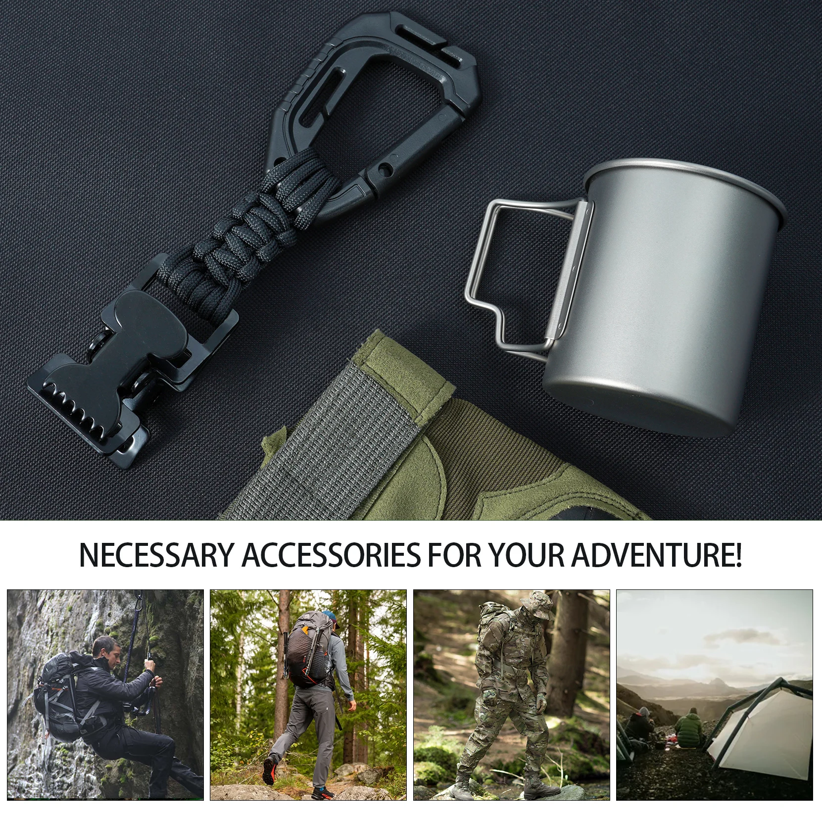 Handschoenclips met plastic karabijnhaak en paracord, metalen clips voor zware handschoenen, met sleutelhanger voor tactische rugzak