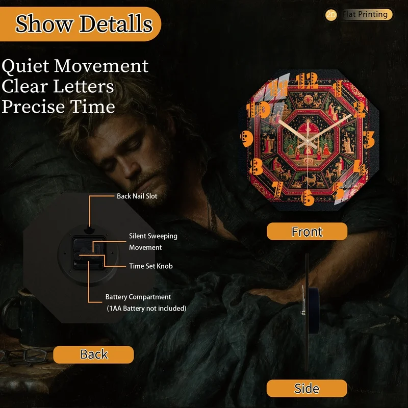 1pc Classic Christmas tapestry pattern Octagonal Wall Clock for Kitchen Living Room Office Ideal Holiday Easter Birthday Gifts