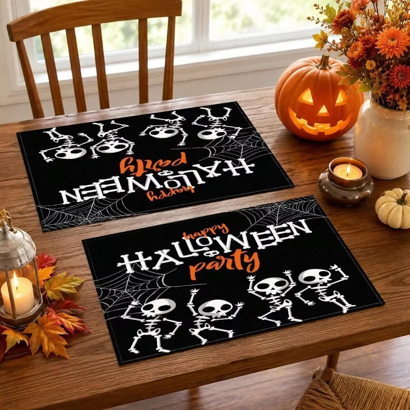 Halloween Dancing Skeleton Spider Web Linen Placemats Happy Halloween Party Heat‑Resistant Washable Dining Table Mats