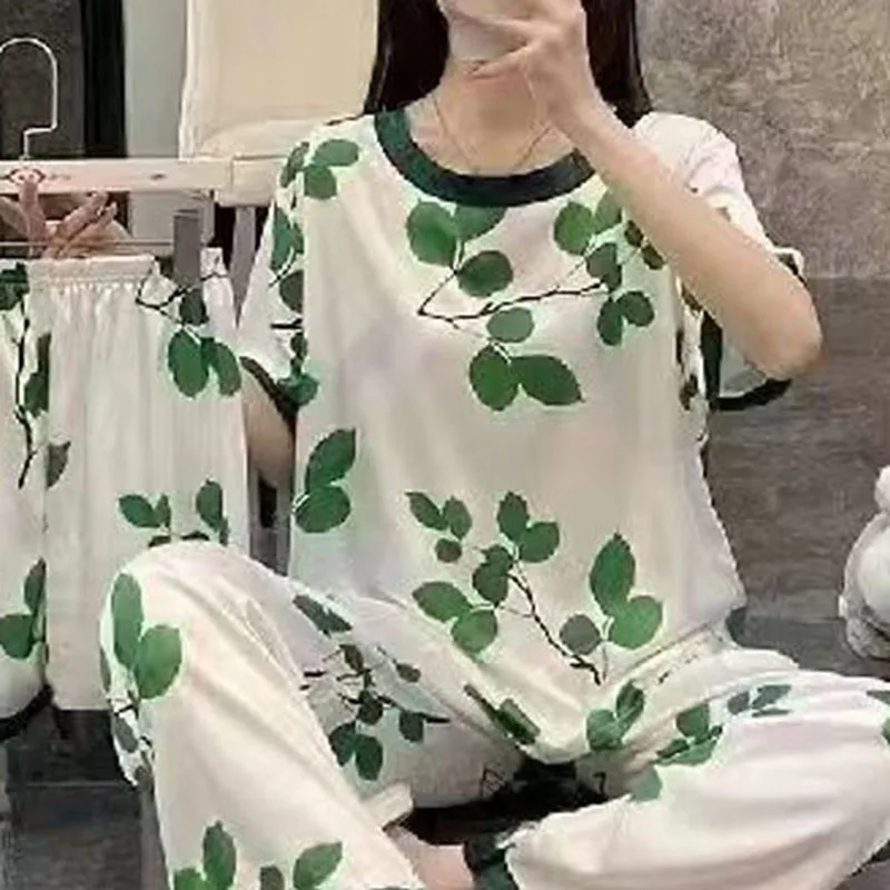 Milk Silk Pyjamas Female Green Leaves Cartoon Sweet and Lovely Three-Piece Ladies Homewear Sets Large Size Silk