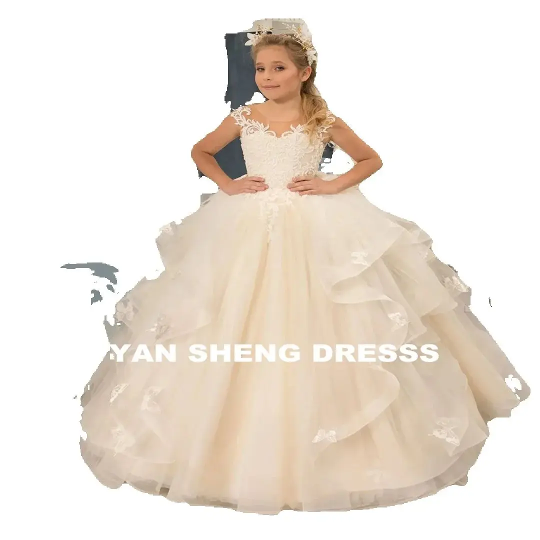 فستان زفاف مخصص من التول بدون أكمام لفتاة الزهور منتفخ للأطفال الصغار فستان عيد ميلاد أول مناولة