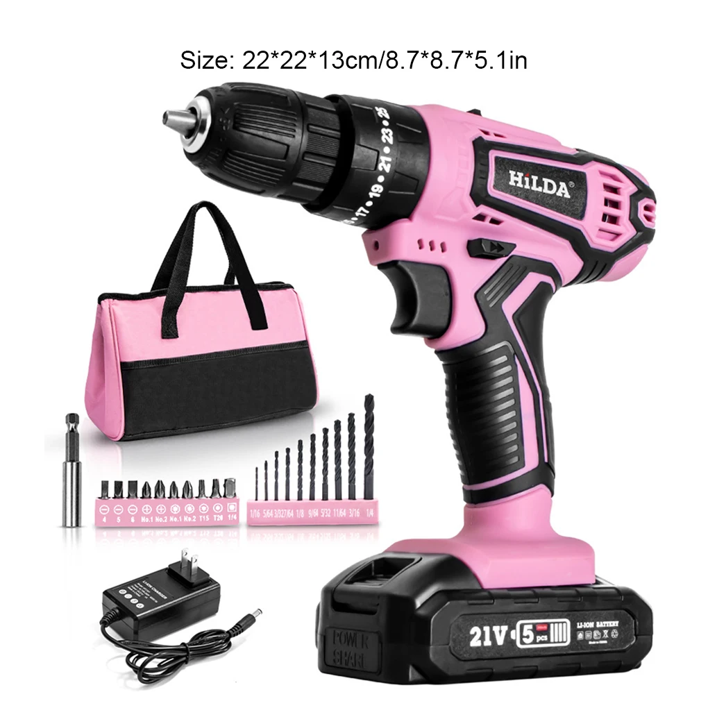 HILDA 21V Rechargeable Household Impact Drill Lithium Battery Hand Drill Electric Screwdriver Set with Drill Bits Bag