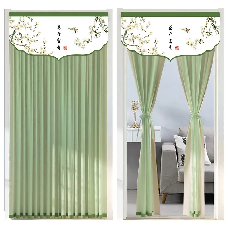 Chinese Style Lace Door Curtain No-Drill Velcro Summer Anti-Mosquito Partition Bedroom Privacy Screen Double Layer Tulle