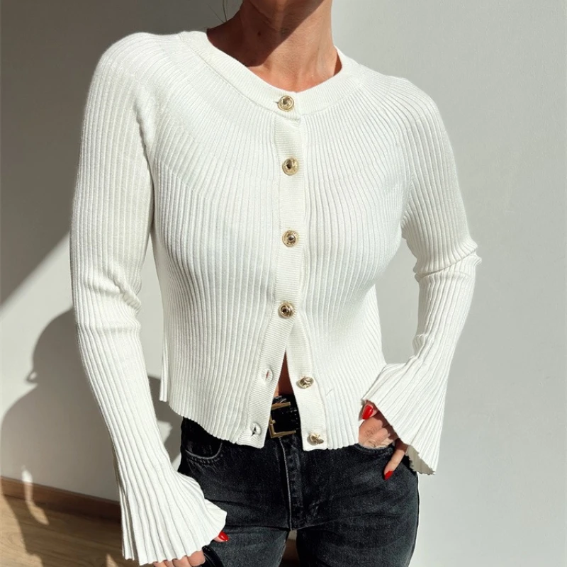 เสื้อคาร์ดิแกนถักแขนยาวสำหรับผู้หญิง ผ้าริบเนื้อแน่น กระดุมแถวเดียว ทรงเข้ารูป แฟชั่นฤดูใบไม้ร่วง-ฤดูหนาว 2026 เสื้อถักสำหรับผู้หญิง